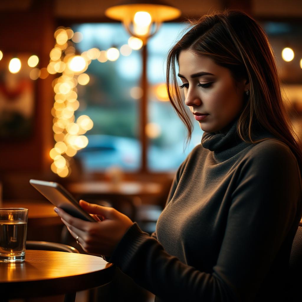 Woman reviewing a shoot on a tablet in a warm-lit cafe