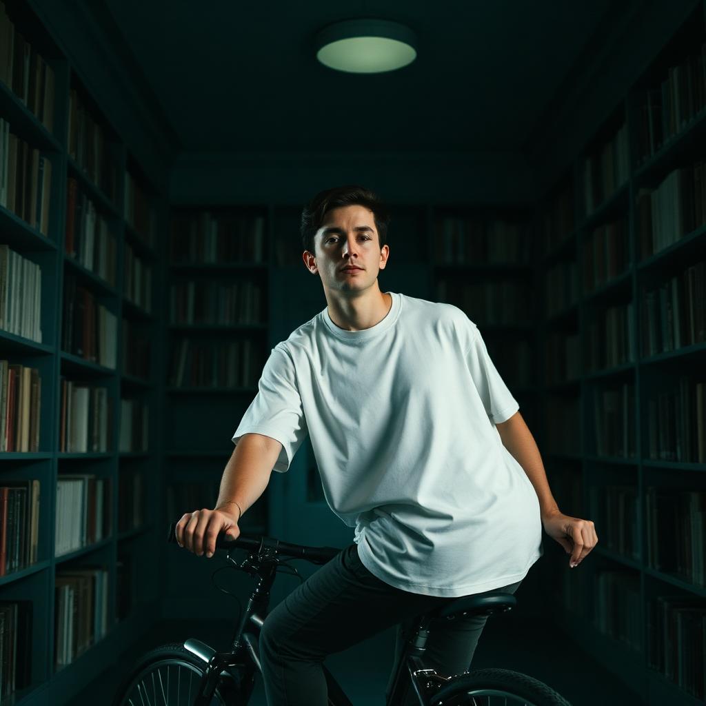 Man on a bicycle inside a dark teal library set